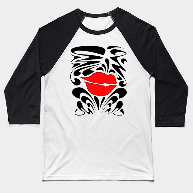 Red Decorative Funky lips Baseball T-Shirt by Elizza